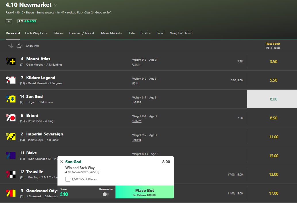 Bet365 4.10 at newmarket horse race card with the horse sun god selected & a £10 stake entered into the bet slip at odds of 8 with potential returns of £80